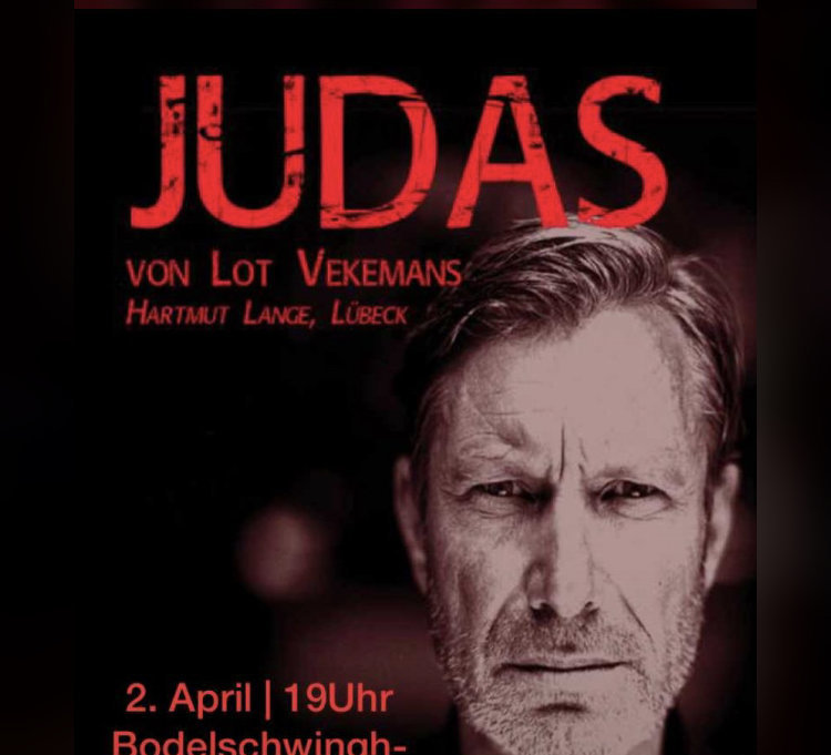 Plakat vom Theaterstück "Judas" mit dem Schauspieler Hartmut Lange als Portrait abgebildet
