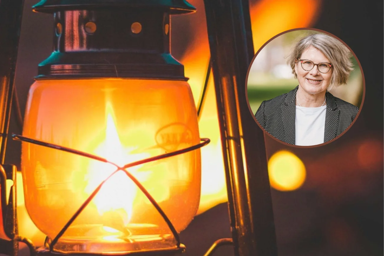 Eine Montage mit einer Laterne und dem Portrait einer Frau